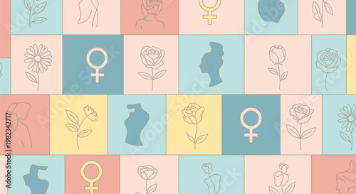 Feminist empowerment symbols and floral line art grid pattern.