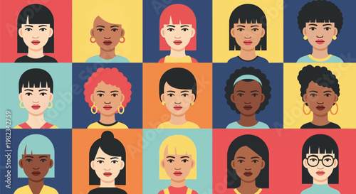 Diverse Collection of Female Portraits in Flat Vector Illustration Style.