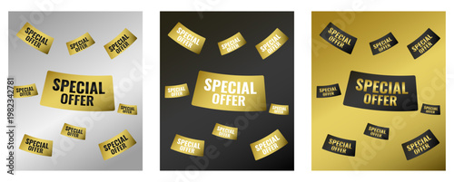 Luxury special offer floating metallic tags in gold and black for premium discounts and promotions