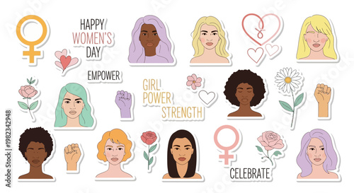 Diverse group of women portraits and empowering symbols for International Womens Day.