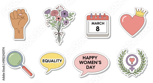 International Womens Day Sticker Set with Feminist Symbols.