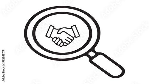Magnifying glass over handshake icon, concept of finding business partners, recruitment, or due diligence.