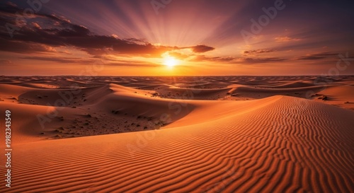 Desert landscape at sunset sand dunes under a vibrant orange sky