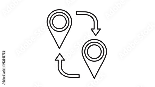 Minimalist black line art vector icon of two map pin location markers with curved arrows indicating a round trip, exchange, or movement between two points for navigation, travel, and logistics.