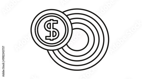 Minimalist black line art vector icon of a dollar coin positioned over a bullseye target, symbolizing financial goals, investment objectives, business strategy, profit targets, and monetary success.