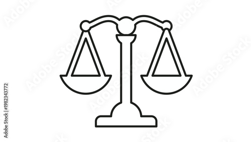 Black outline vector icon of a scale of justice, representing law, legal system, and balance. Minimalist symbol for court, judgment, and equality. Scalable graphic illustration for design projects.