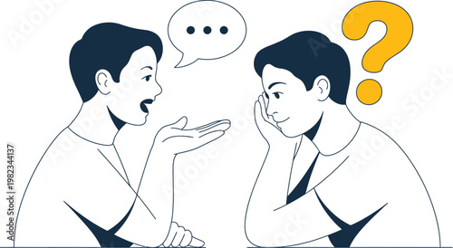 Confused man, puzzled person, conversation, question mark, speech bubble, line art, illustration, vector graphics