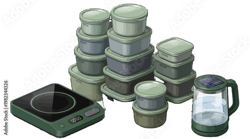 Collapsible food storage containers and portable induction cooker with pitcher