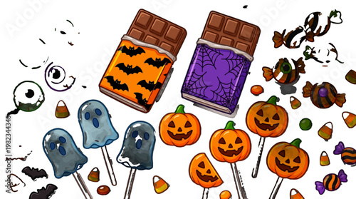 Halloween candy and sweets illustration with ghosts pumpkins bats