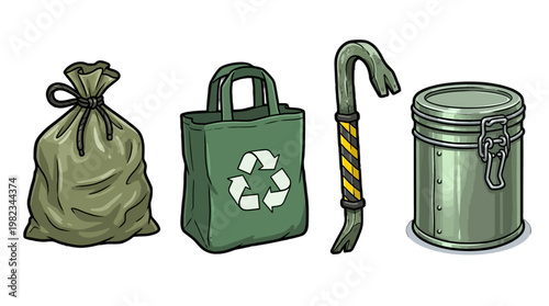 Green trash bag reusable bag hook and metal can illustration