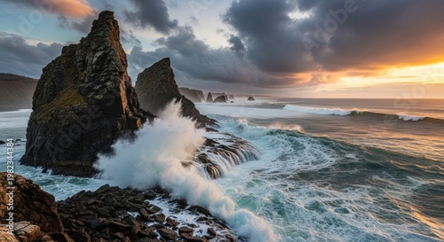 Dramatic coastal landscape with crashing waves and rugged cliffs at sunset