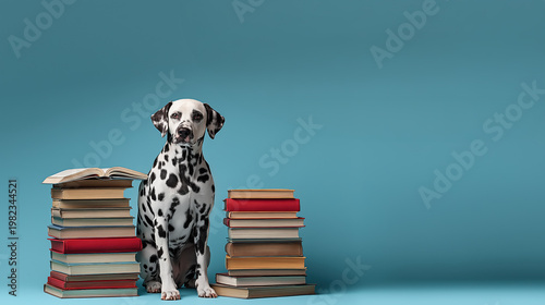 Dalmatian dog sitting between two stacks of old books on blue studio background with copy space, looking forward with calm expression and spotted coat clearly visible. Education and knowledge concept