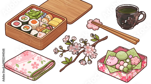 Japanese food bento box sushi tea cherry blossoms