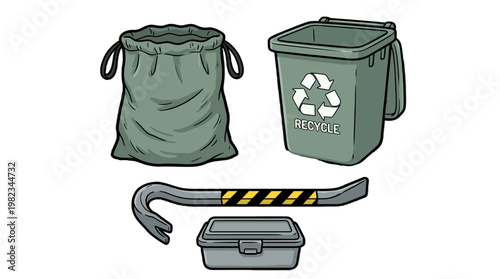 Recycling concept with trash bag recycling bin hook and container