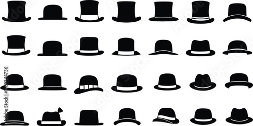 A collection of elegant top hats and various headwear silhouettes in black and white