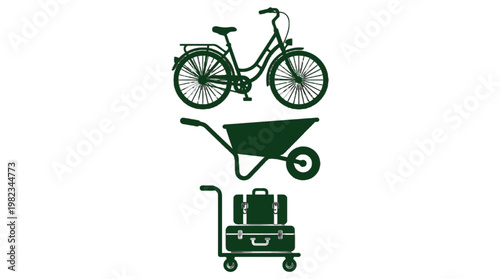 Green icons of bicycle wheelbarrow and luggage cart