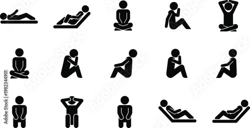 Diverse yoga poses illustrated a collection of black silhouette icons depicting various asanas and body positions