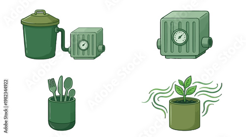 Green composting recycling bin and kitchen utensils illustration