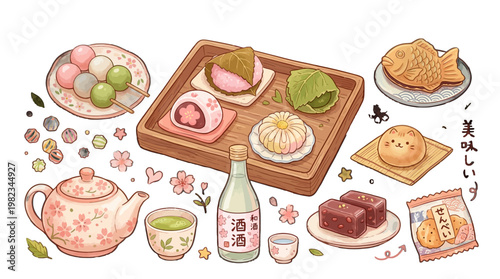Japanese sweets and tea assortment with mochi manju daiquiri wagashi