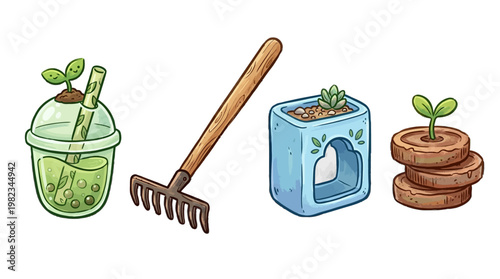 Cartoon illustration of plants growing in different containers with garden tools
