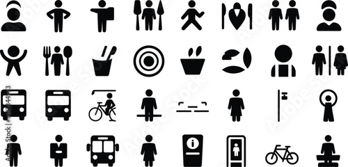 Black silhouette icons, people, transportation, and objects, 25 icons set, vector graphics