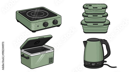 Green portable kitchen appliances and accessories set