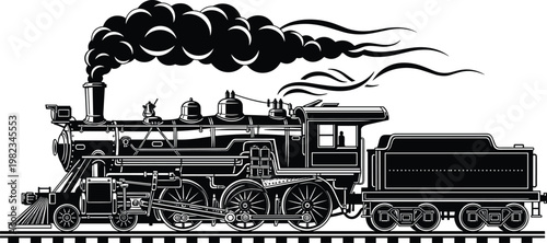 Vintage steam locomotive train vector illustration with thick smoke on tracks for retro transportation, industrial history, and classic railway travel.