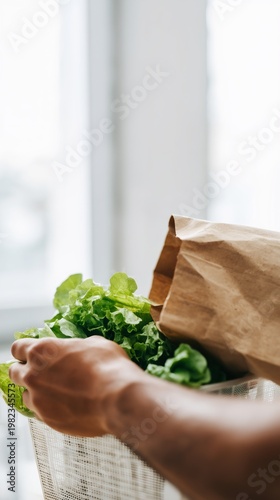 Person grabs fresh lettuce from eco-friendly paper bag near window