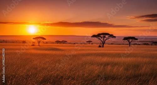 African savanna landscape with acacia trees silhouetted against a sunset sky