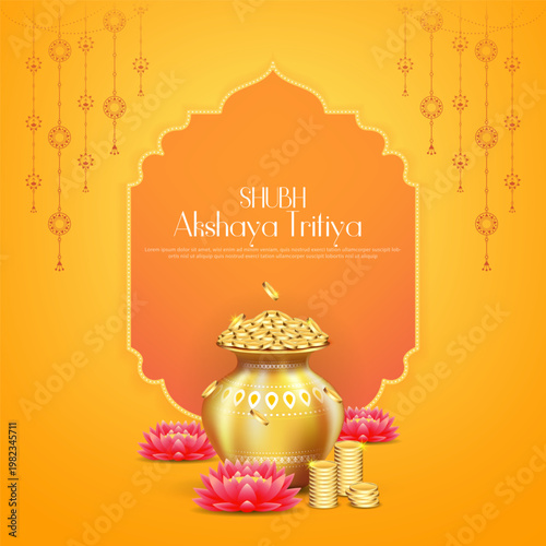 Happy Akshaya Tritiya - poster template design with kalash and gold coin.