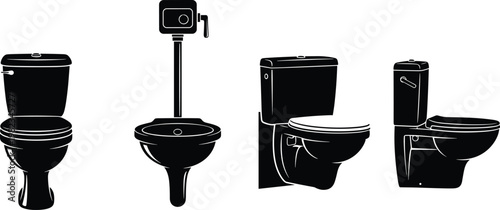 Set of black toilet silhouette icons featuring various designs like floor mounted wall hung and flush tank styles for bathroom interior plumbing