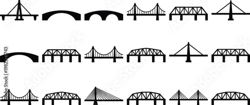 Set of Bridge Silhouettes Including Suspension Arch Truss and Cable Stayed Designs for Infrastructure Engineering Urban Planning and Civil Construction Projects