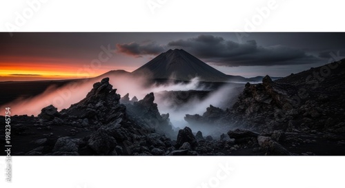 Dramatic landscape of volcanic mountain at sunset with atmospheric fog