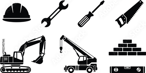 Set of construction industry icons featuring hard hat wrench screwdriver saw excavator crane brick wall and bubble level tool black silhouettes