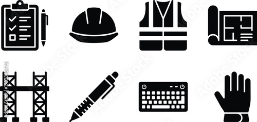 Set of construction management and site safety icons featuring clipboard checklist hard hat reflective vest blueprint scaffolding pen keyboard and glove silhouettes