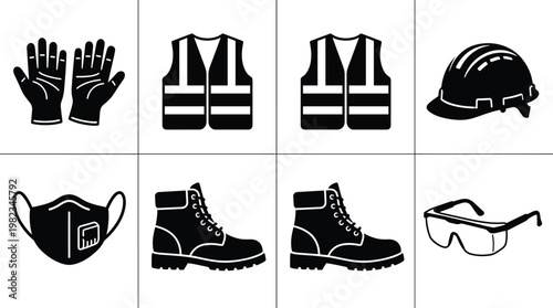 Set of construction site safety icons featuring personal protective equipment silhouettes including work gloves high visibility vests hard hat face mask safety boots and goggles