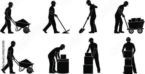Set of construction worker silhouettes pushing wheelbarrows lifting boxes and using shovels for industrial logistics manual labor and building site concepts