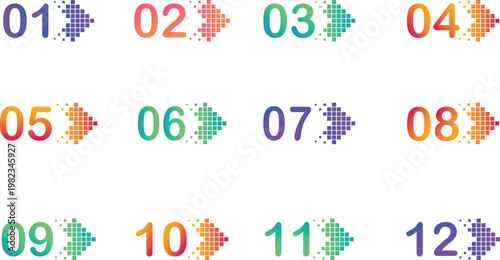 Colorful Infographic Number Set: Modern Gradient Pixelated Arrow Design for Steps 01 to 12