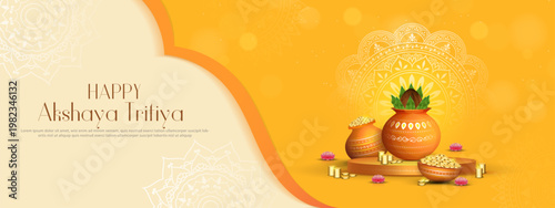 Happy Akshaya Tritiya - banner template design with kalash and gold coin.