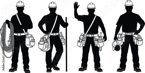 Set of four black silhouette construction workers wearing hard hats and tool belts, carrying rope and gear for industrial site labor