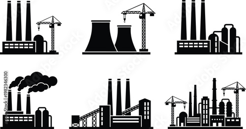 Set of industrial factory building silhouettes featuring power plants, manufacturing facilities, cooling towers, construction cranes, smoke stacks, and refinery infrastructure icons