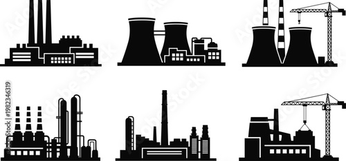 Set of industrial factory silhouettes featuring power plants with cooling towers and manufacturing buildings for energy production and heavy industry