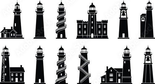 Set of lighthouse silhouette icons with various architectural designs including spiral stairs and coastal guard towers for nautical maritime navigation projects