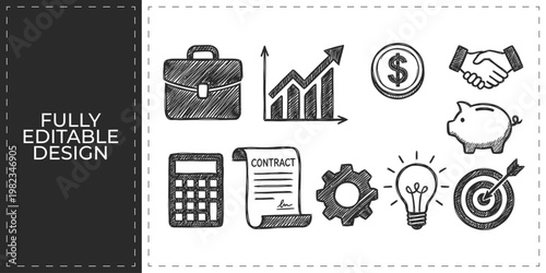 Business Uptrend and Financial Growth Hand Drawn Vector Icon Set with Briefcase Chart Dollar Handshake and Calculator for Corporate Success and Investment Strategy Design