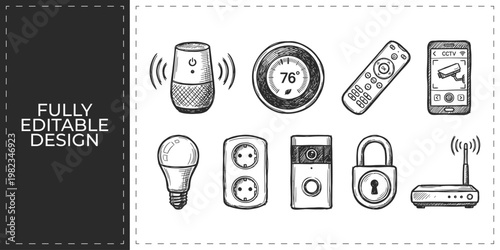 Smart Home Technology and Internet of Things Hand Drawn Vector Icon Collection with Smart Speaker Thermostat and App Control for Modern House Automation Concepts