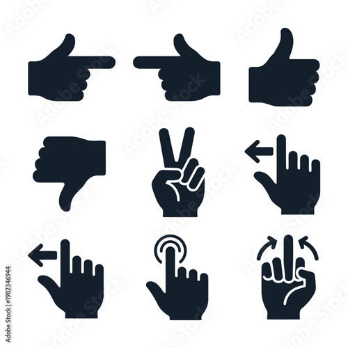 Vector set of black hand gesture icons, thumbs up, thumbs down, pointing fingers, and touch screen swipe gestures isolated on white.