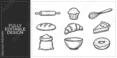 Bakery and Pastry Shop Doodle Vector Icon Collection with Rolling Pin Cupcake Bread Croissant and Whisk for Sweet Food Cafe and Cooking Class Concept Designs