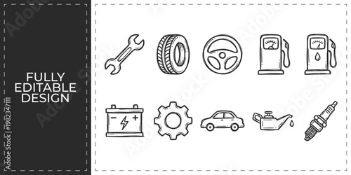 Car Repair and Auto Mechanic Service Hand Drawn Vector Icon Collection with Wrench Tire Steering Wheel Gas Pump and Battery for Garage and Vehicle Maintenance Themes