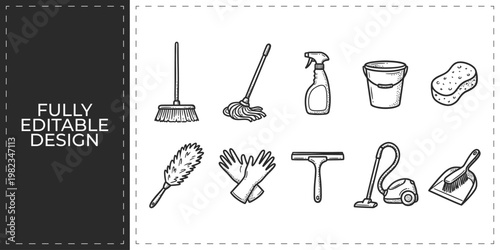 House Cleaning and Janitorial Service Hand Drawn Vector Icon Collection with Broom Mop Bucket Sponge Vacuum and Spray for Domestic Chores and Housekeeping Concepts