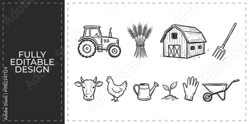 Farming and Agriculture Doodle Vector Icon Set Featuring Tractor Wheat Barn Pitchfork Chicken and Cow for Rural Life Countryside and Organic Food Harvest Graphic Designs